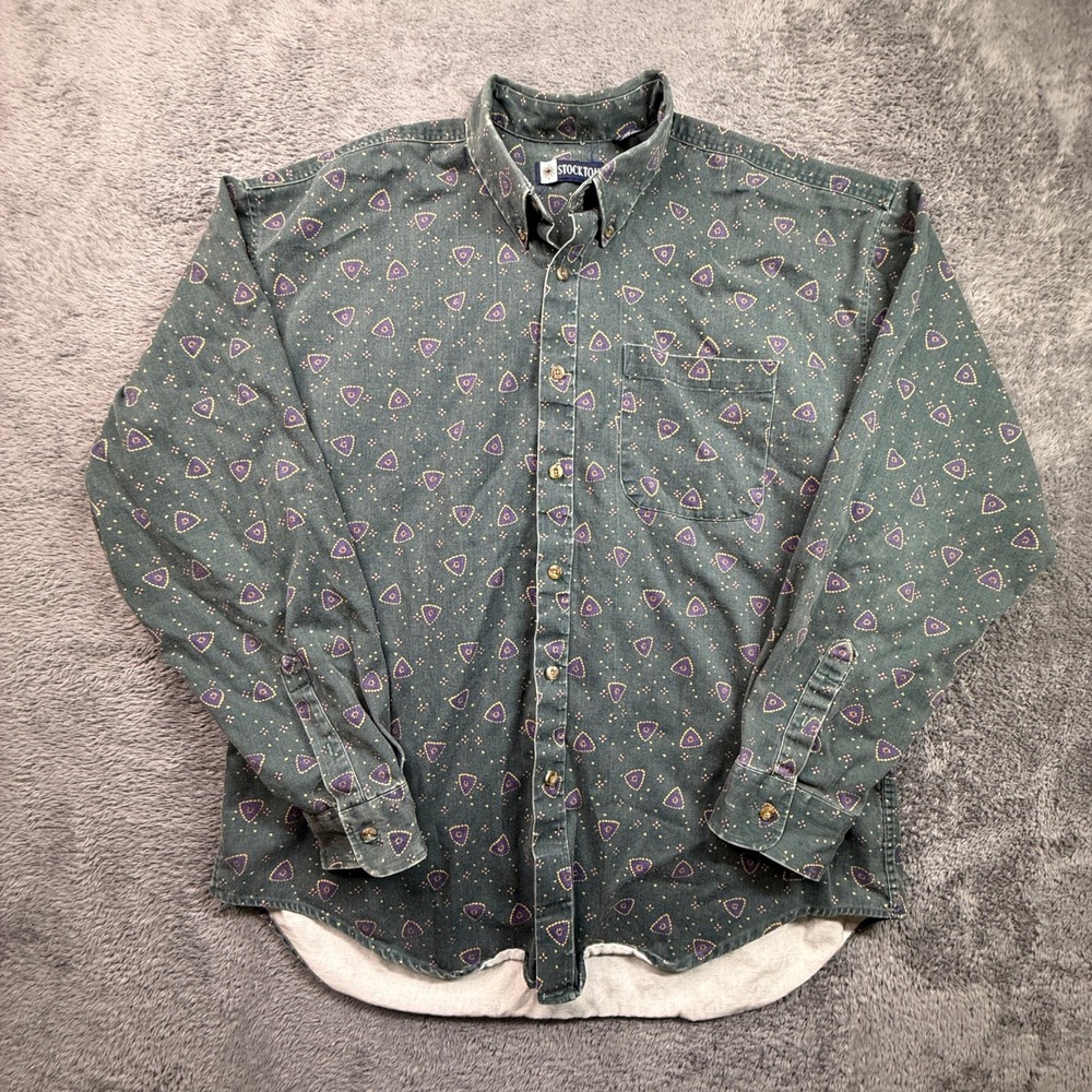 Stockton Button Down Mens XL Green Vintage 90s Groovy Patterned Cotton Shirt